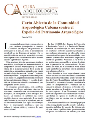 Imagen de la primera página del artículo e2603 Carta Abierta de la Comunidad Arqueológica Cubana contra el Expolio del Patrimonio Arqueológico.